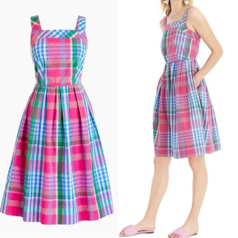 J.Crew Plaid Pleated Apron Sun Dress Size 2 Cotton Poplin Retro Preppy Pinup